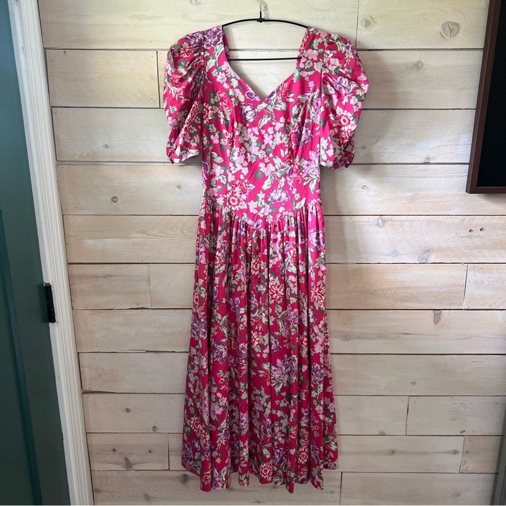 VTG Laura Ashley Floral Midi Dress Cottagecore Sz 10 Pink Puff Sleeves Low Back